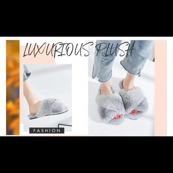 FAMIPORT FUZZY CROSS BAND SLIPPERS GRAY SMALL - Picture 2 of 9